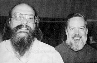 Ken Thompson (left; 1943&ndash;) and Dennis Ritchie (1941&ndash;2011), co-developers (with several others) of the Unix operating system, which underlies the design of many of the current operating systems in use today. They were awarded the Turing Award in 1983 for their work on Unix.